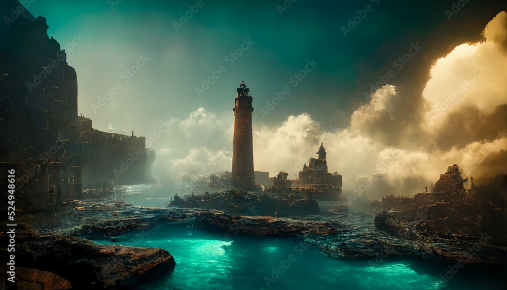 Fantasy sea landscape. Lighthouse on the rocky seashore, sunset, clouds. 3D illustration.