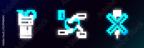 Set line No doping syringe, Fresh smoothie and Attention to health heart icon. Glowing neon. Vector