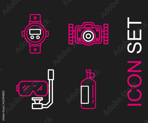 Set line Aqualung, Diving mask and snorkel, Photo camera and watch icon. Vector