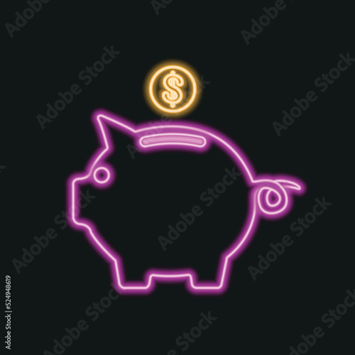 Piggy bank and dollar cent neon line icon on black background. Icon saving or accumulation of money, investment. The concept of banking or business services. Vector illustration.