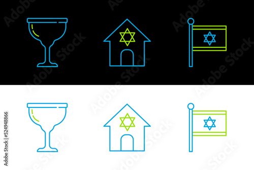 Set line Flag of Israel, Jewish goblet and synagogue icon. Vector