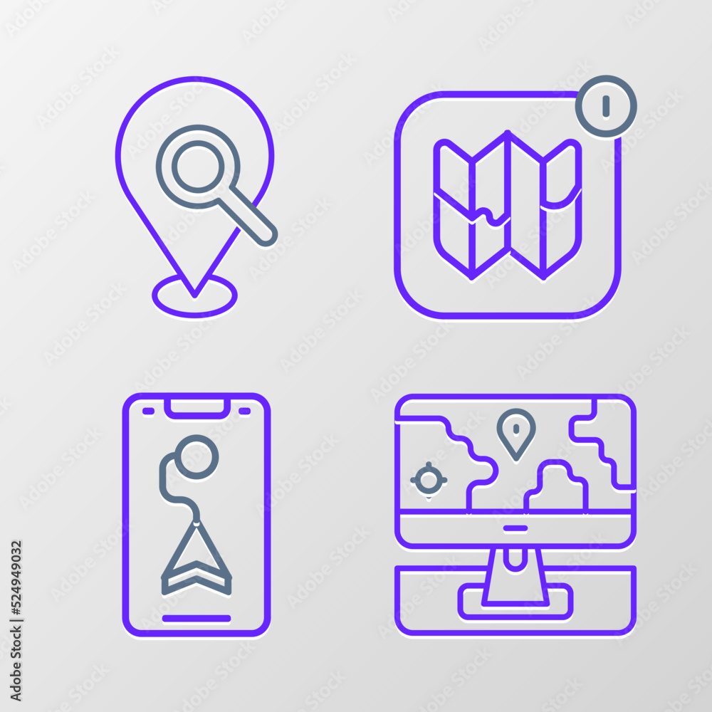 Set line Monitor with location marker, City map navigation, Infographic of city and Search icon. Vector Set line Monitor with location marker, City map navigation, Infographic of city and Search icon. Vector