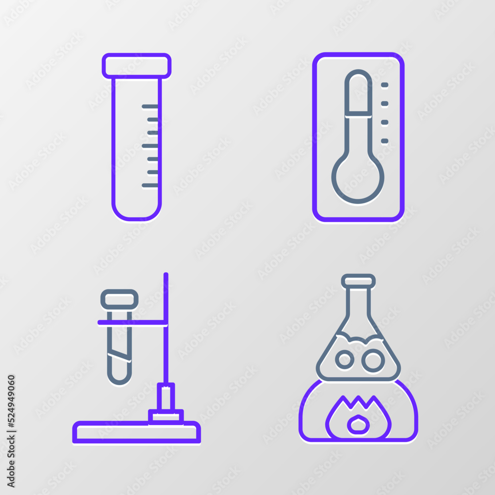 Set line Test tube flask on fire, Medical thermometer and and icon. Vector Set line Test tube flask on fire, Medical thermometer and and icon. Vector