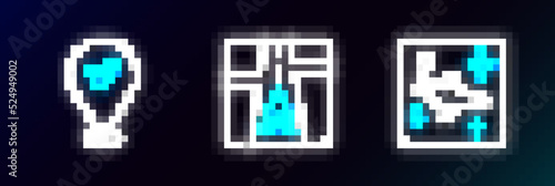Set line Great Bear constellation, Location with check mark and Gps device map icon. Glowing neon. Vector
