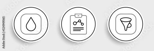 Set line Funnel or filter, Water drop and Chemistry report icon. Vector