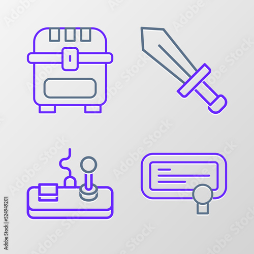 Set line Certificate template, Gamepad, Sword for game and Antique treasure chest icon. Vector