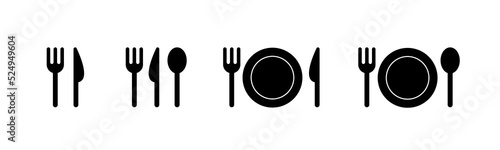 Fork, knife, spoon and plate set icons. Tableware, Dinnerservice collection. Plate, fork and knife for apps and websites. Vector illustration.