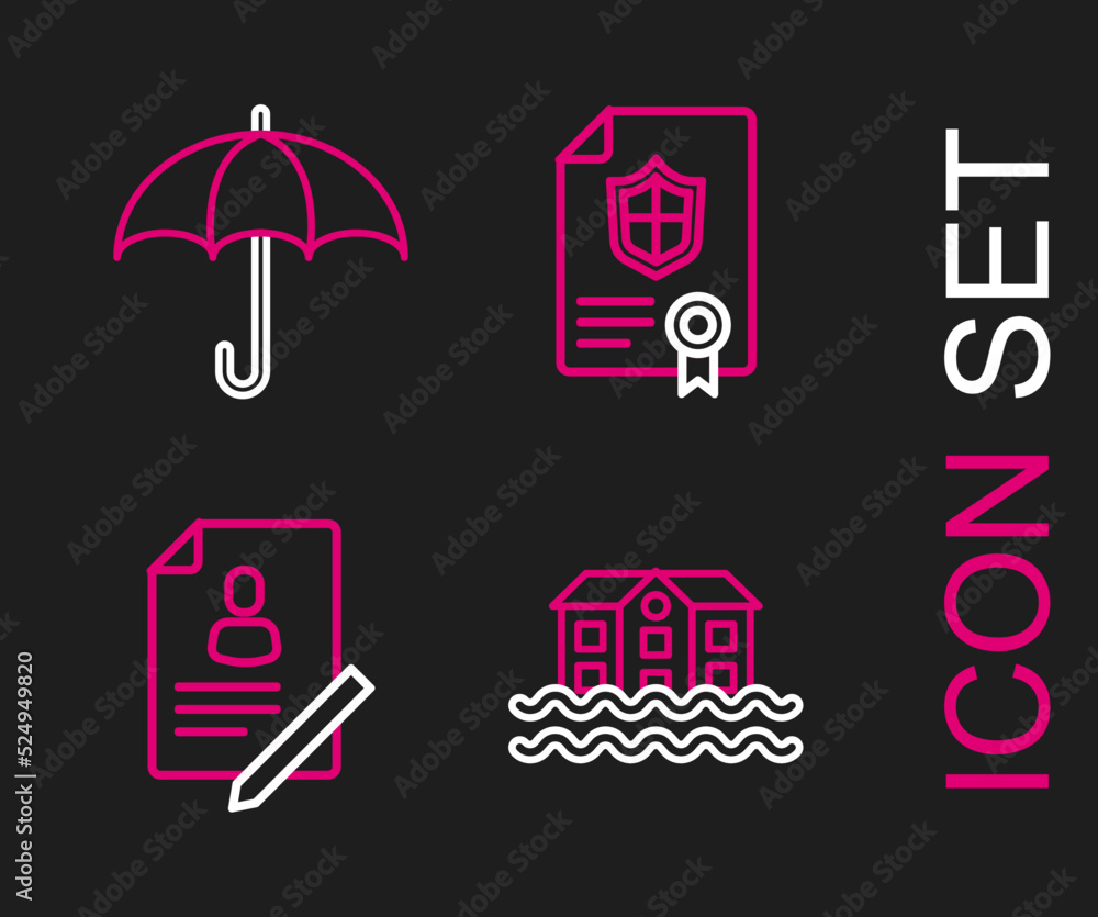 Set line House flood, Document with shield, Contract and Umbrella icon. Vector Set line House flood, Document with shield, Contract and Umbrella icon. Vector