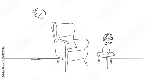 One continuous line drawing of armchair and lamp and potted plant. Modern rustic cozy furniture for living room interior in simple linear style. Editable stroke. Doodle Vector illustration