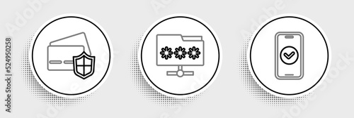 Set line Smartphone, Credit card with shield and Folder password icon. Vector