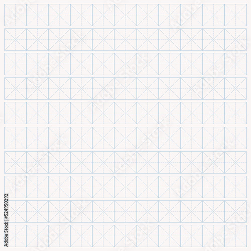 Workbook for writing hieroglyphs. Lined paper for printing. Geometric pattern for school. Realistic lined paper. Simulator for writing Chinese characters. Page of calligraphy exercises. Graph paper