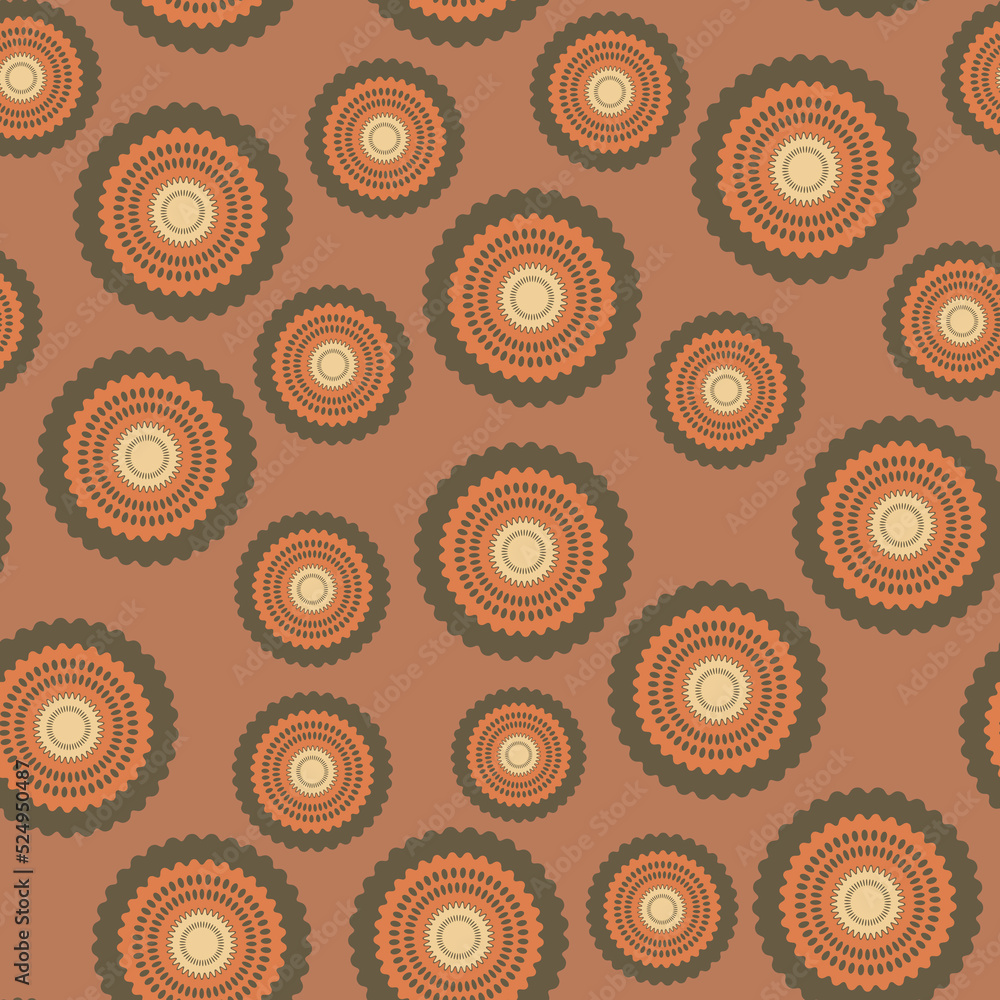 Fototapeta premium Seamless pattern with geometric aboriginal ornament. Ethnic tribal rounded color background. Afican, australian motiph. Dots painting. Vector illustration, template design for cloth, card, fabric