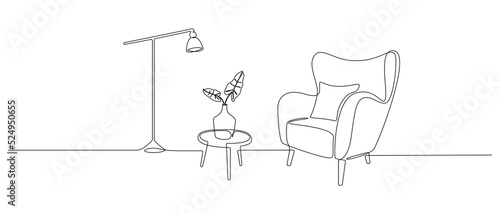 One continuous line drawing of armchair and lamp and potted plant. Modern rustic comfort furniture for living room interior in simple linear style. Editable stroke. Doodle Vector illustration