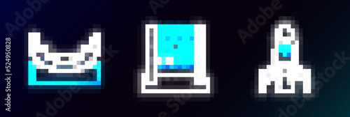 Set line Rocket ship, Boat swing and Tic tac toe game icon. Glowing neon. Vector