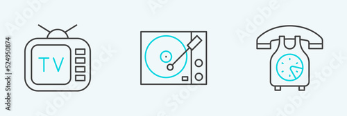 Set line Telephone handset, Retro tv and Vinyl player icon. Vector