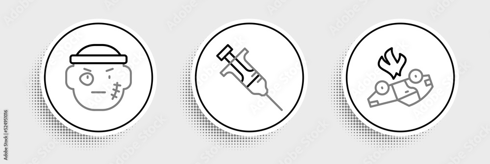 Set line Burning car, Bandit and Syringe icon. Vector Set line Burning car, Bandit and Syringe icon. Vector