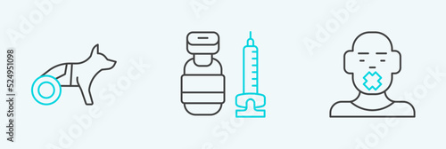 Set line Head of deaf and dumb, Dog in wheelchair and Syringe icon. Vector