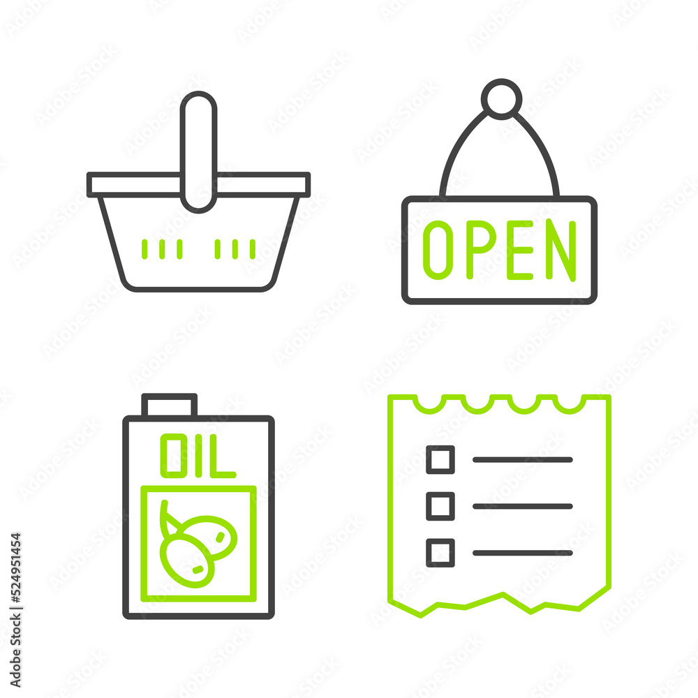 Set line Shopping list, Bottle of olive oil, Hanging sign with Open and basket icon. Vector Set line Shopping list, Bottle of olive oil, Hanging sign with Open and basket icon. Vector