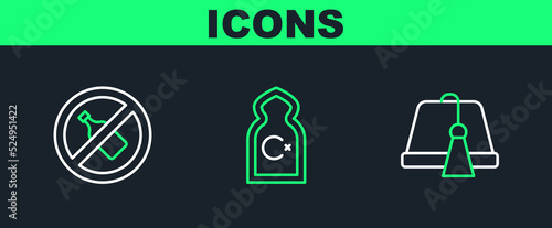 Set line Turkish hat, No alcohol and Muslim Mosque icon. Vector