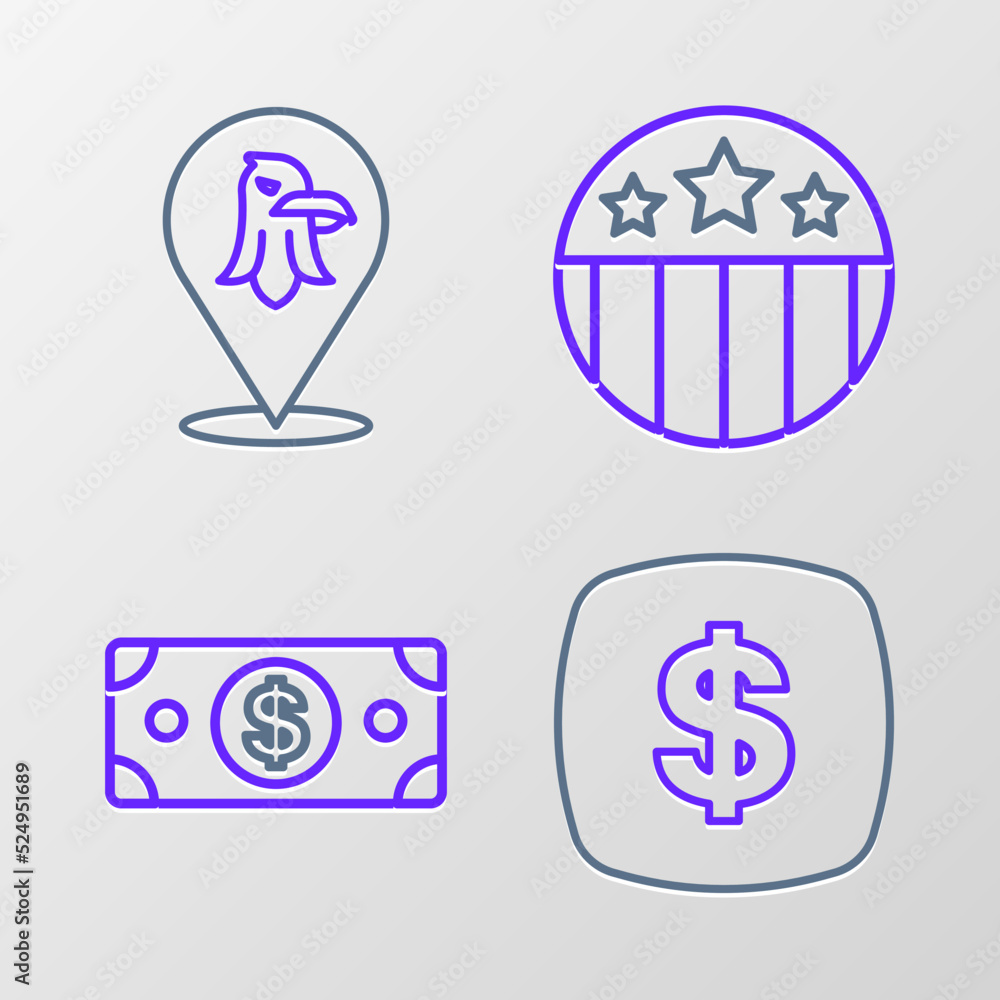 Set line Dollar symbol, Stacks paper money cash, Medal with star and Eagle icon. Vector Set line Dollar symbol, Stacks paper money cash, Medal with star and Eagle icon. Vector