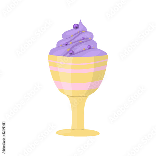 Purple blueberry ice cream in gold bowl flat. Sweet frozen dessert with berry pieces natural cooling snack. Doodle sloppy style sticker label dairy summer kids holiday for business craft isolated