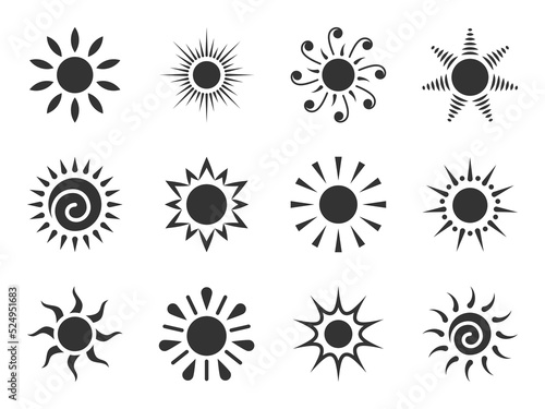 Sun flat icon set. Various shape sunshine star. Cartoon summer sunlight nature sky. Simple graphic solar circle sign. Sunny heat rays weather app symbol. Logotype sunrise sunset isolated on white.