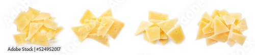 Set with delicious parmesan cheese on white background, top view. Banner design