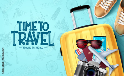 Travel time vector background design. Travel around the world text in map empty space with luggage, sneakers and passport elements for holiday vacation. Vector Illustration.