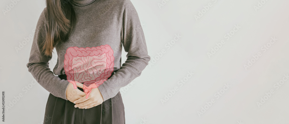 Φωτογραφία woman hands on her stomach with intesline, probiotics food for gut health, colon
