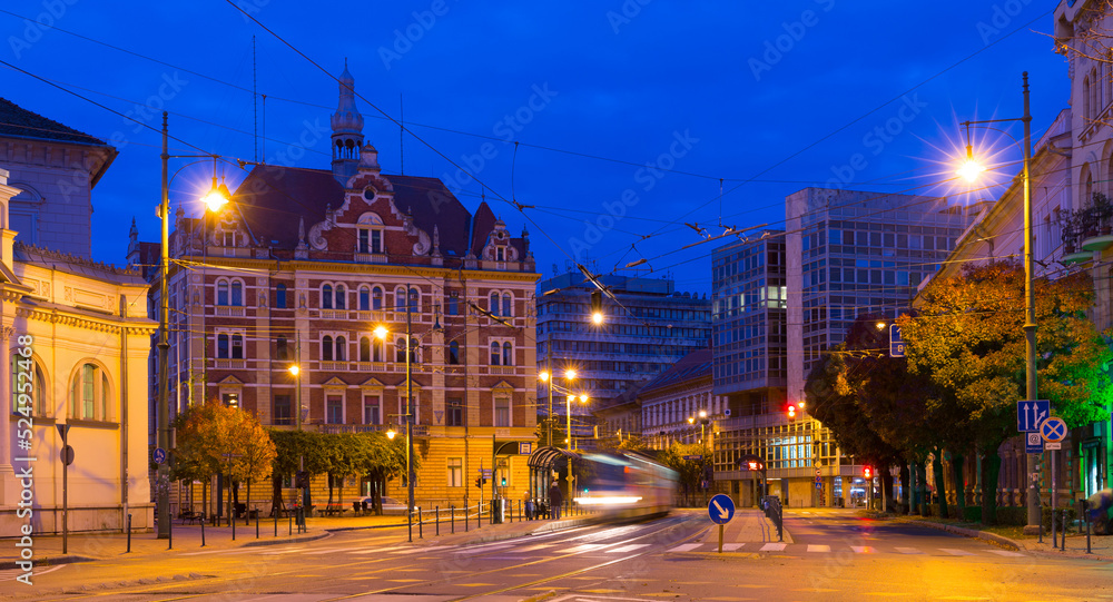 Illustration of view on streets in night light of Szeged in Hungary.