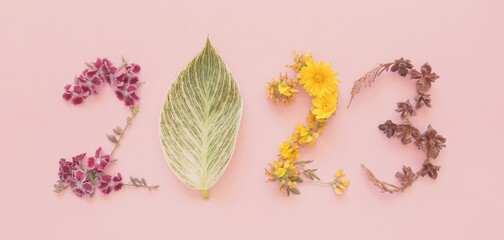2023 made from natural plants, leaves and flowers, Happy New Year wellness and healthy lifestyle resolutions, holidays retreat concept