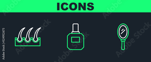 Set line Hand mirror, Human hair follicle and Aftershave icon. Vector