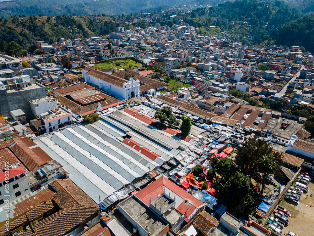 Beautiful aerial view of Chichicastenango, its amazing Church, the traditional Textil Market in Guatemala