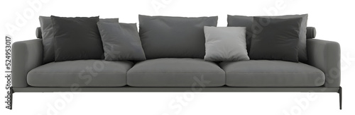 Modern gray 3 seat sofa and pillows transparent. Png. 3D rendering