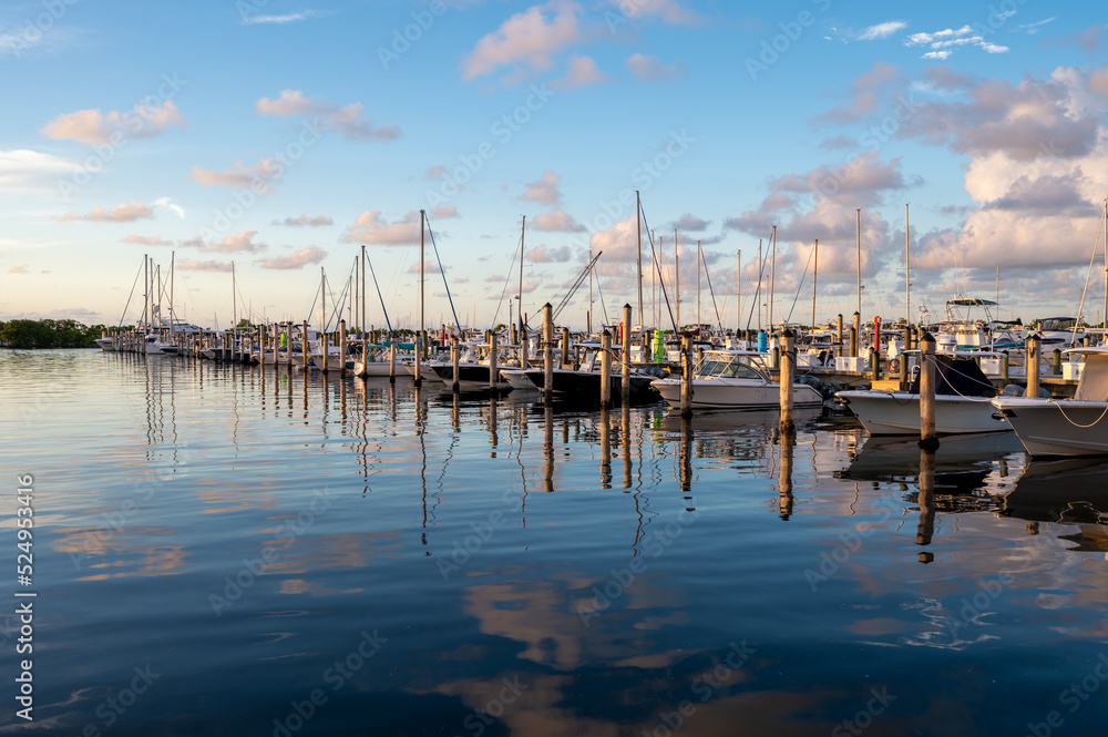 Naklejka premium Dinner Key Marina in Miami, Florida in early morning light on calm sunny summer morning.