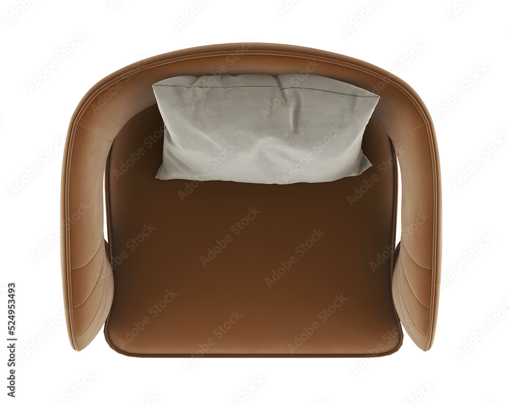 Top view brown leather single chair and pillow, transparent. Png. 3D rendering Top view brown leather single chair and pillow, transparent. Png. 3D rendering