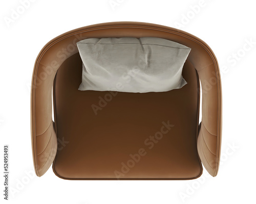 Top view brown leather single chair and pillow, transparent. Png. 3D rendering
