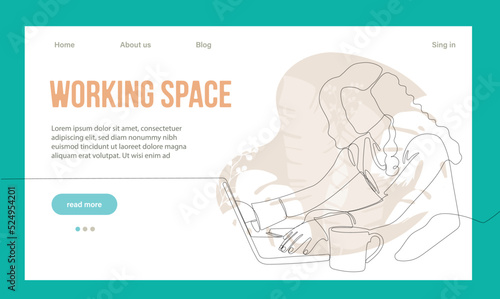 Coworking Space Landing Page Flat Cartoon Template. Freelancers Team Working Online on Laptop. Business People Sharing Open Workspace. Outline Vector Illustration