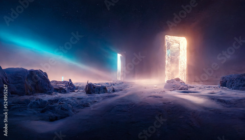 Abstract fantasy glacial winter cold neon landscape. Winter snowy landscape. Winter background, ice, Ice magic portal, light entrance. North polar relief. 3D illustration.