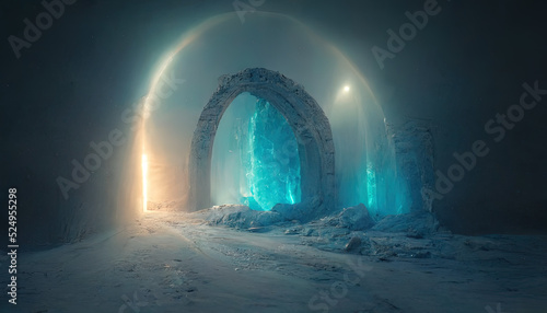 Abstract fantasy glacial winter cold neon landscape. Winter snowy landscape. Winter background, ice, Ice magic portal, light entrance. North polar relief. 3D illustration.