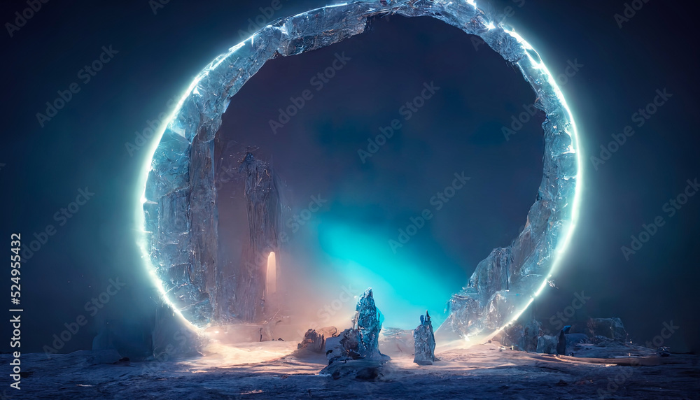 Obraz premium Abstract fantasy glacial winter cold neon landscape. Winter snowy landscape. Winter background, ice, Ice magic portal, light entrance. North polar relief. 3D illustration.