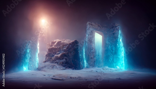 Abstract fantasy glacial winter cold neon landscape. Winter snowy landscape. Winter background, ice, Ice magic portal, light entrance. North polar relief. 3D illustration.