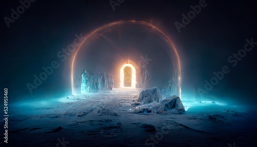 Abstract fantasy glacial winter cold neon landscape. Winter snowy landscape. Winter background, ice, Ice magic portal, light entrance. North polar relief. 3D illustration.