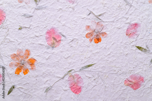 Mulberry paper sheet decorated with dry flower and leaf texture background