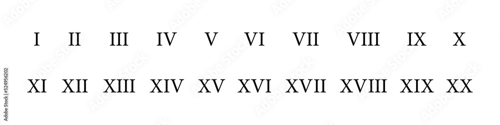 Set of roman numerals, from 1 to 20. Vector isolated on white background. Set of roman numerals, from 1 to 20. Vector isolated on white background.