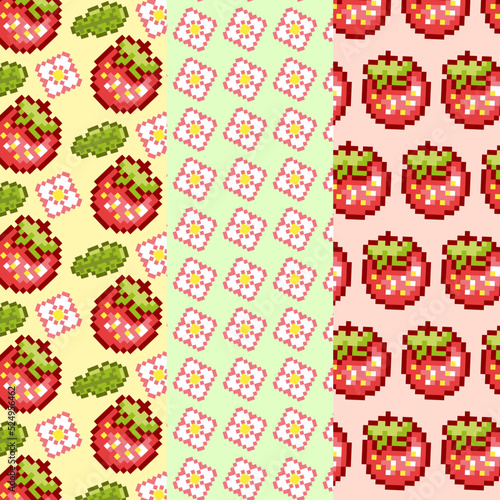 pack for three patterns cute pixel strawberry and floral with aesthetic kawaii photo
