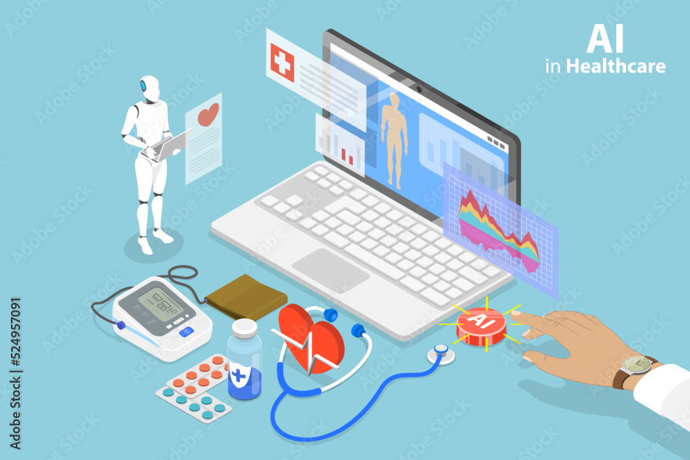 3D Isometric Flat Vector Conceptual Illustration of AI In Healthcare, Innovative Technologies for Medicine 3D Isometric Flat Vector Conceptual Illustration of AI In Healthcare, Innovative Technologies for Medicine