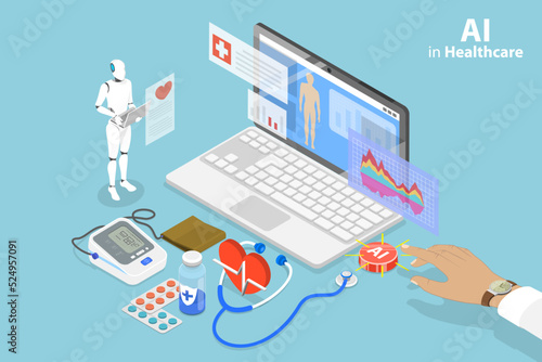 3D Isometric Flat Vector Conceptual Illustration of AI In Healthcare, Innovative Technologies for Medicine