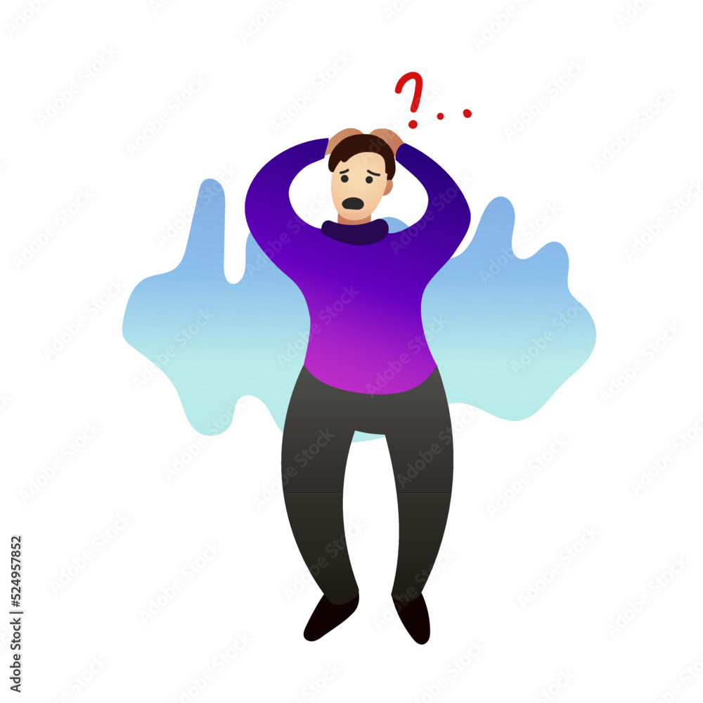 Flat vector illustration. Nervous anxious human with mental problems. Sad nervous person having panic disorder Flat vector illustration. Nervous anxious human with mental problems. Sad nervous person having panic disorder