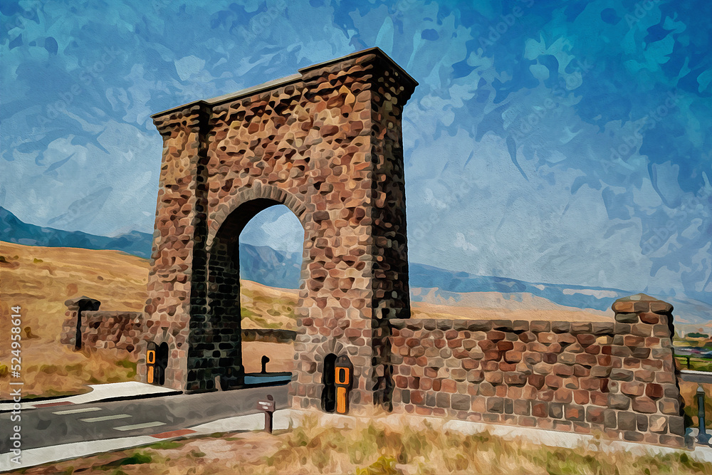 Digitally created watercolor painting of the Roosevelt Arch is the North Entrance to Yellowstone National Park.